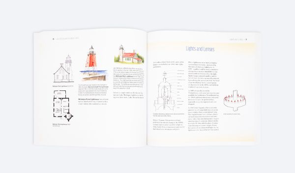 Book cover of Jim Lammers' Lighthouses of the Great Lakes: An Architect’s Sketchbook, with a sketch of a lighthouse. Published by ORO Editions.