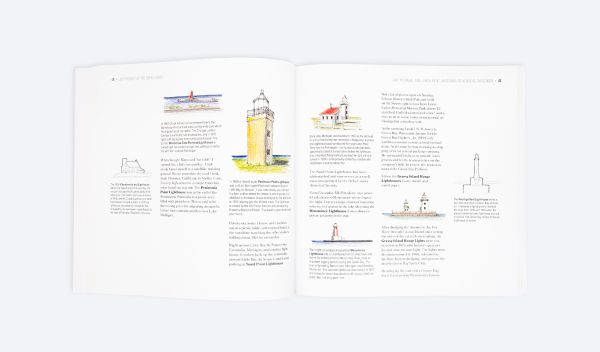 Book cover of Jim Lammers' Lighthouses of the Great Lakes: An Architect’s Sketchbook, with a sketch of a lighthouse. Published by ORO Editions.