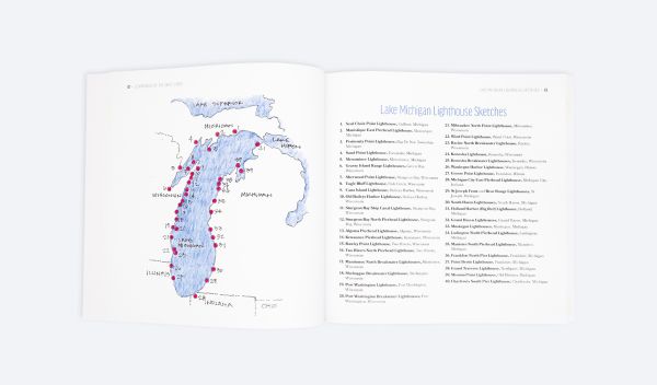 Book cover of Jim Lammers' Lighthouses of the Great Lakes: An Architect’s Sketchbook, with a sketch of a lighthouse. Published by ORO Editions.