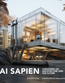 Book cover of AI Sapien: Variations on Architecture and the Future, with an AI generated futuristic glass cube building. Published by ORO Editions.