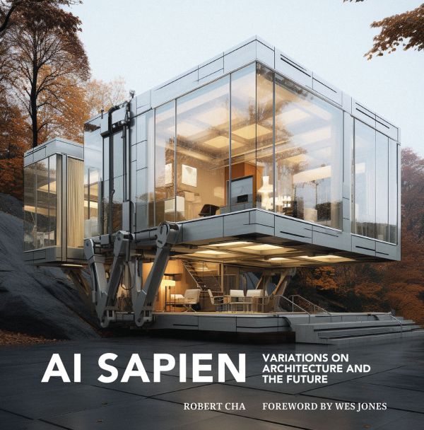 Book cover of AI Sapien: Variations on Architecture and the Future, with an AI generated futuristic glass cube building. Published by ORO Editions.