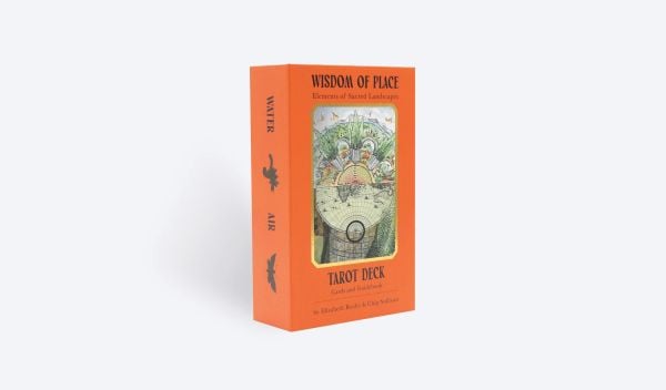 Box cover of Wisdom of Place Tarot Deck: Elements of Sacred Landscapes, featuring a painted landscape, and a globe map. Published by ORO Editions.