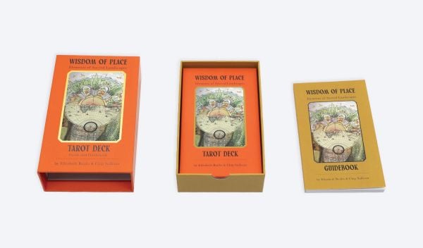 Box cover of Wisdom of Place Tarot Deck: Elements of Sacred Landscapes, featuring a painted landscape, and a globe map. Published by ORO Editions.