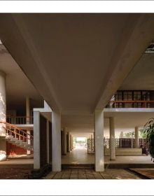 Book cover of Muzharul Islam, An Architect of Tomorrow: Architecture and Nation-Building in Bangladesh, featuring the interior of a modern building. Published by ORO Editions.