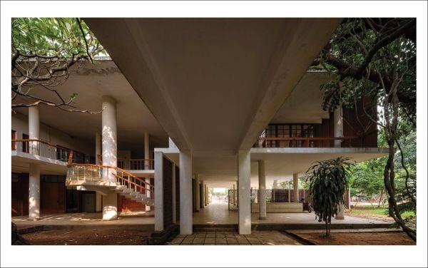 Book cover of Muzharul Islam, An Architect of Tomorrow: Architecture and Nation-Building in Bangladesh, featuring the interior of a modern building. Published by ORO Editions.