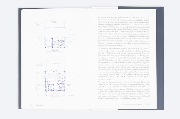 Book cover of Looking Forward to Monday Morning: A Residential Architect's Compendium, with a sketch of house. Published by ORO Editions.