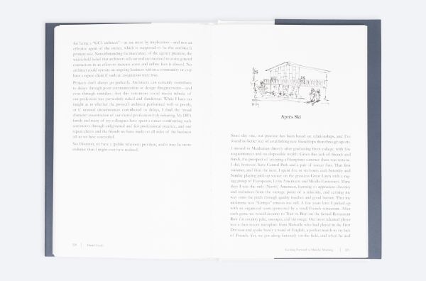 Book cover of Looking Forward to Monday Morning: A Residential Architect's Compendium, with a sketch of house. Published by ORO Editions.