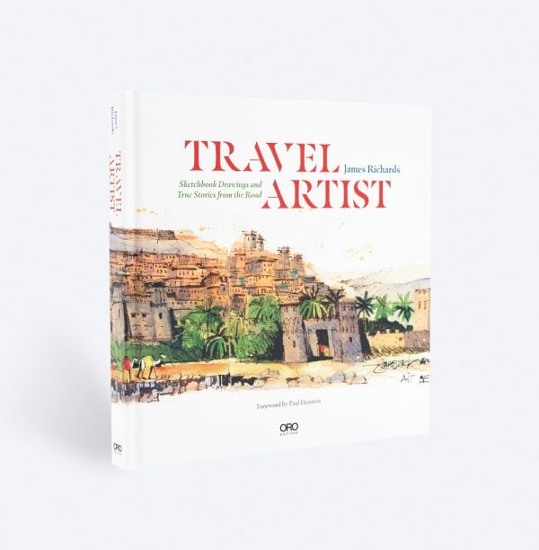 Book cover Travel Artist: Sketchbook Drawings and Stories from the Road; featuring landscape sketch. Published by ORO Editions.