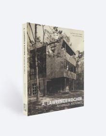 Book cover of Lawrence Kocher: American Architect, featuring a modern two story building. Published by ORO Editions.