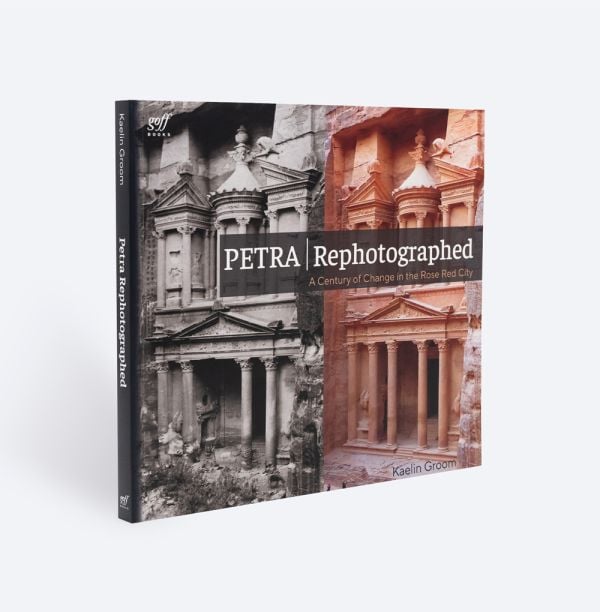 Book cover of Petra Rephotographed: A Century of Change in the Rose Red City, featuring a temple. Published by ORO Editions.