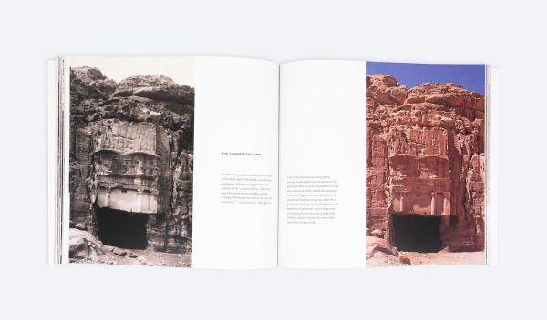 Book cover of Petra Rephotographed: A Century of Change in the Rose Red City, featuring a temple. Published by ORO Editions.
