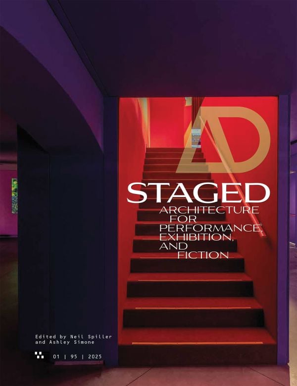 Book cover of Architectural Design Journal Issue 1: Staged: Architecture for Performance, Exhibition, and Fiction; featuring a red staircase. Published by ORO Editions.
