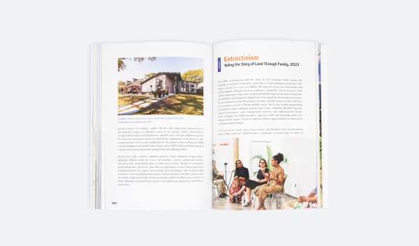 Book cover of Smallx20: Twenty Years of Community Engaged Design in New Orleans; featuring a group of people standing beneath a hexagonal patterned covering. Published by ORO Editions.