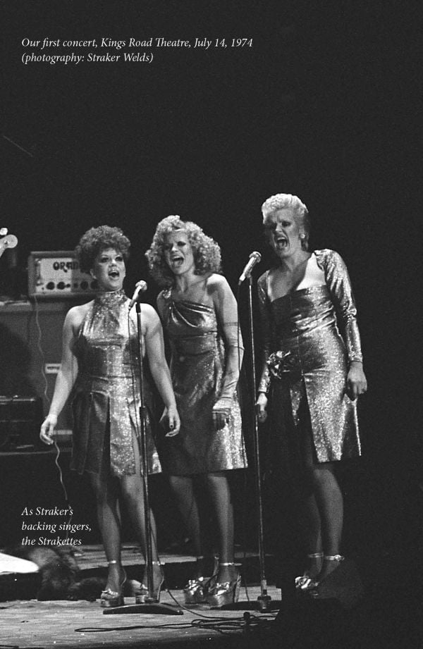 Book cover of The Real Rock Follies, The Great Girl Band Rip-Off of 1976, with Annabel Leventon, Gaye Brown and Diane Langton wearing silver dresses and platform shoes. Published by Pallas Athene.