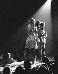 Book cover of The Real Rock Follies, The Great Girl Band Rip-Off of 1976, with Annabel Leventon, Gaye Brown and Diane Langton wearing silver dresses and platform shoes. Published by Pallas Athene.