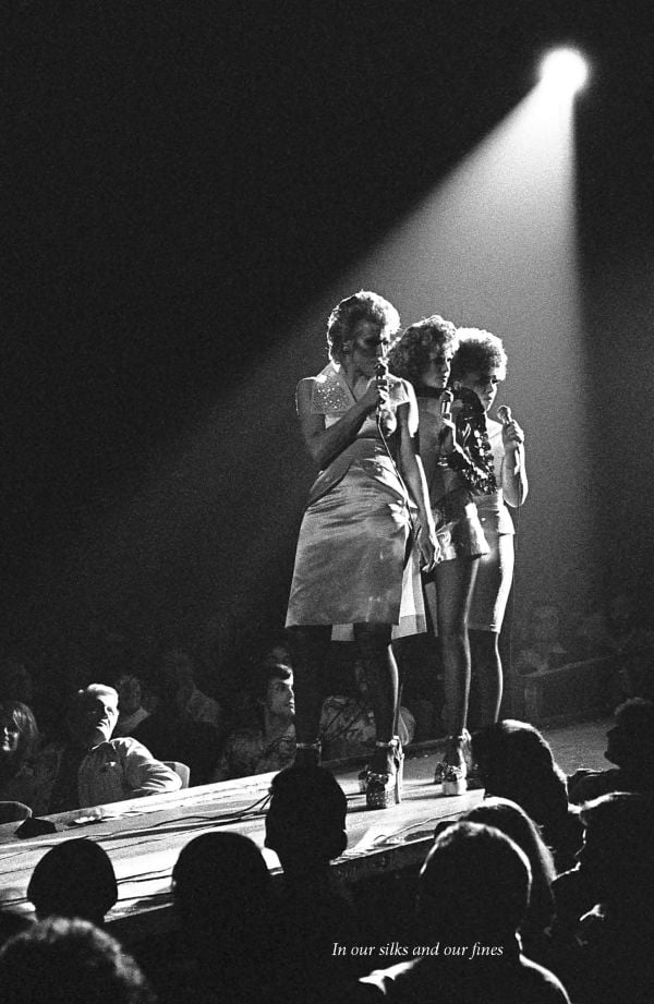 Book cover of The Real Rock Follies, The Great Girl Band Rip-Off of 1976, with Annabel Leventon, Gaye Brown and Diane Langton wearing silver dresses and platform shoes. Published by Pallas Athene.