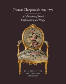 Carved and gilded limewood armchair with tapestry upholstery, on dark cover of 'Thomas Chippendale 1718-1779, A Celebration of British Craftsmanship and Design', by Chippendale Society.