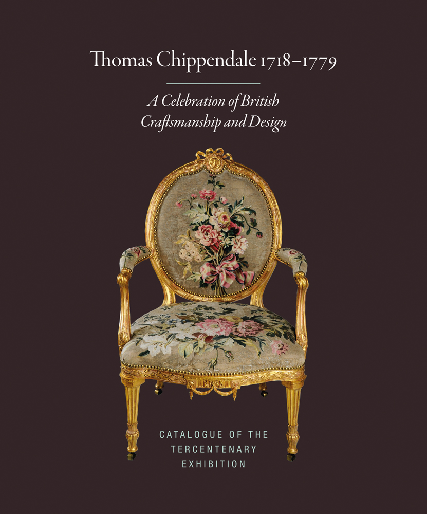 Gold coloured framed chair with rose embroidered fabric to base and back, Thomas Chippendale 1718-1779 in white font above