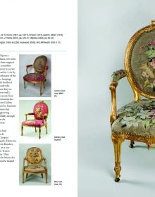 Carved and gilded limewood armchair with tapestry upholstery, on dark cover of 'Thomas Chippendale 1718-1779, A Celebration of British Craftsmanship and Design', by Chippendale Society.