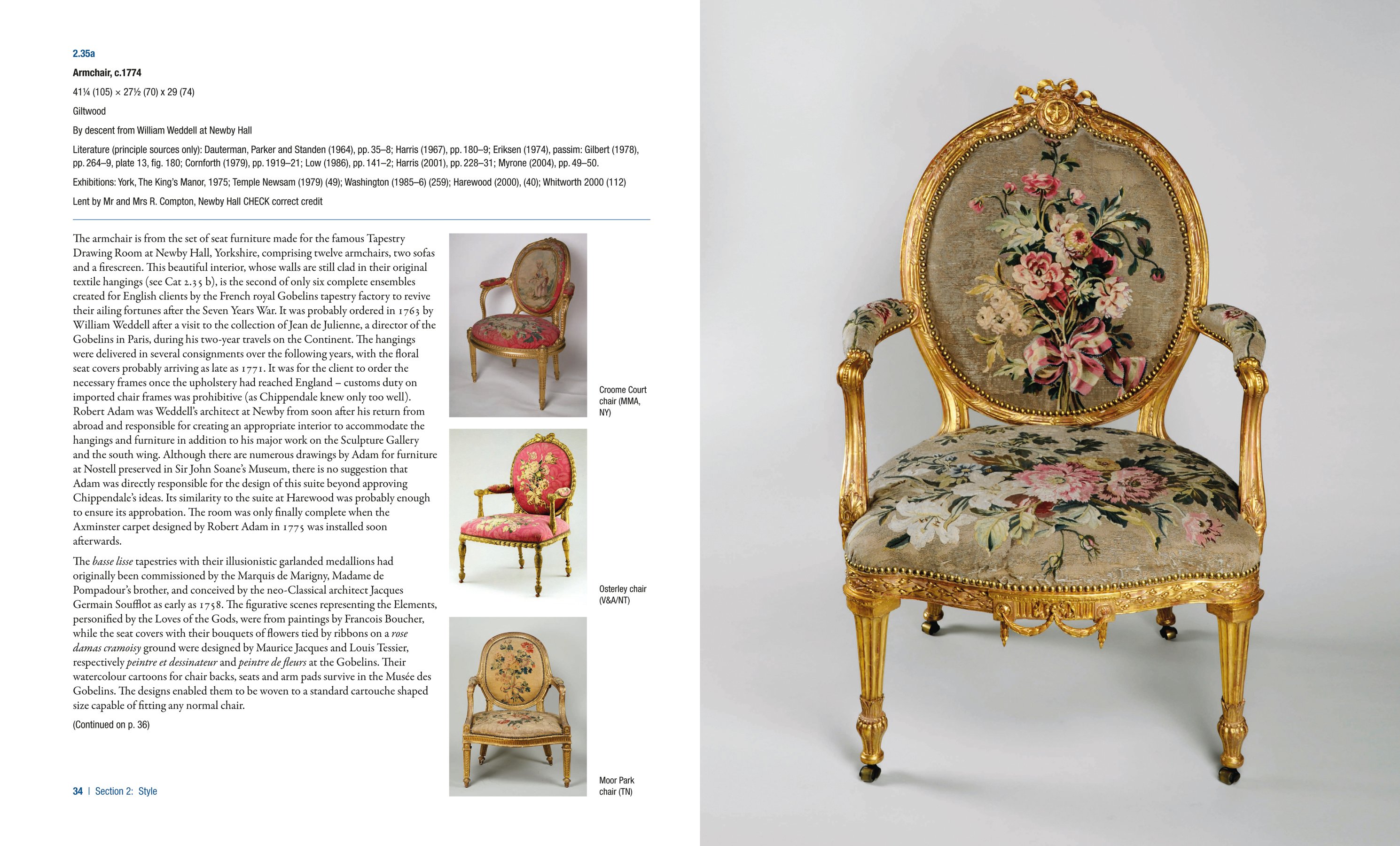 Gold coloured framed chair with rose embroidered fabric to base and back, Thomas Chippendale 1718-1779 in white font above