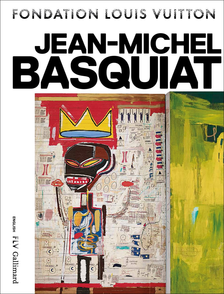 Jean-Michel Basquiat graffiti art of figure with yellow crown above head, JEAN-MICHEL BASQUIAT, in black font above.