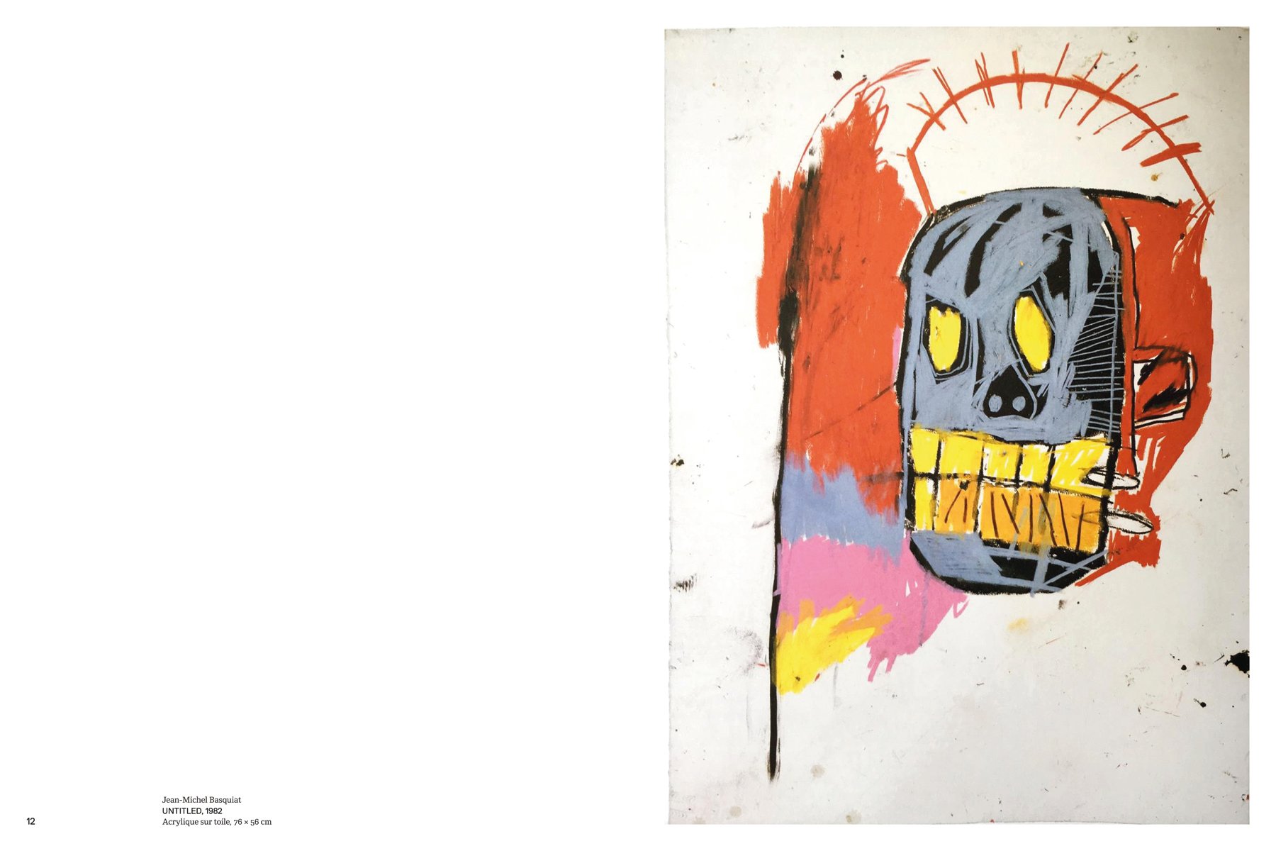 Graffiti art of figure with yellow crown above head, on cover of 'Jean-Michel Basquiat', by Editions Gallimard.