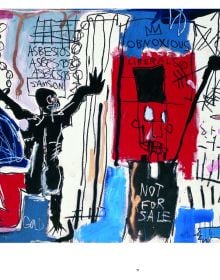 Graffiti art of figure with yellow crown above head, on cover of 'Jean-Michel Basquiat', by Editions Gallimard.