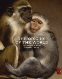 Two monkeys grasping one another, two cherries to lower right, on cover of 'The Origins of the World, Invention of nature at the time of Darwin', by Editions Gallimard.