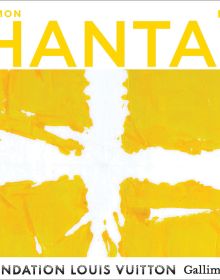 Bright yellow font above white cross shape with four yellow squares, on cover of 'Simon Hantaï' by Editions Gallimard.