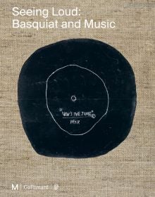 Now's the Time, plywood disc artwork, on beige linen cover of 'Seeing Loud: Basquiat and Music', by Editions Gallimard.