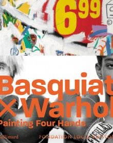 Book cover of Basquiat x Warhol, featuring Andy Warhol and Jean-Michel Basquait wearing boxing gloves. Published Editions Gallimard.