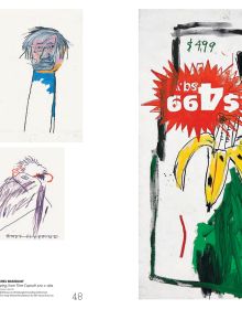 Book cover of Basquiat x Warhol, featuring Andy Warhol and Jean-Michel Basquait wearing boxing gloves. Published Editions Gallimard.