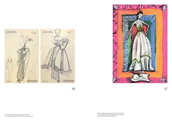 Book cover of Christian Dior - Christian Bérard, A Cheerful Melancholy, with a fashion illustration of two models in ruffled dresses. Published by Editions Gallimard.