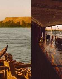 View of boat on the Nile from open wooden doors aboard the Steam Ship Sudan, on cover of 'A Cruise on the Nile, Or the Fabulous Story of Steam Ship Sudan', by Albin Michel.