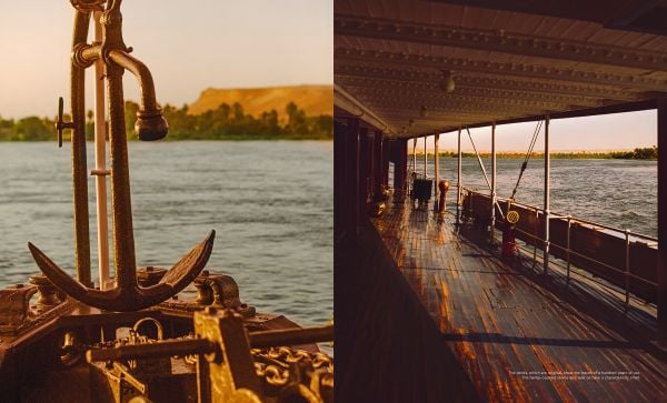 Book cover of A Cruise on the Nile, Or the Fabulous Story of Steam Ship Sudan, with a view of boat on the Nile from open wooden doors aboard the Steam Ship Sudan. Published by Albin Michel.