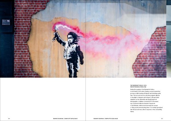 Book cover of Banksy Museum, Complete Catalogue, featuring a black street art image on wall of girl letting go of red heart-shaped balloon. Published by Albin Michel.