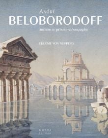 Scenographic painting of colosseum ruins, surrounded by water, on cover of Andre Beloborodoff Architecte, peintre, scenographe', by Editions Norma.
