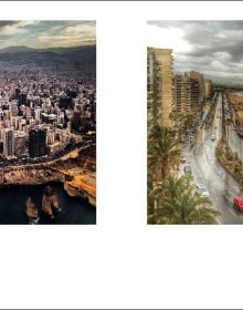 Small child facing sea waves crashing into low wall on pale blue cover, of 'Fadia Ahmad. Beyrouth | Beirut', by Editions Norma.