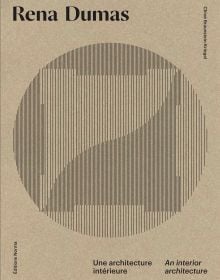 Square pattern made of vertical lines with circle behind, on brown cover of 'Rena Dumas, An Interior Architecture', by Editions Norma.