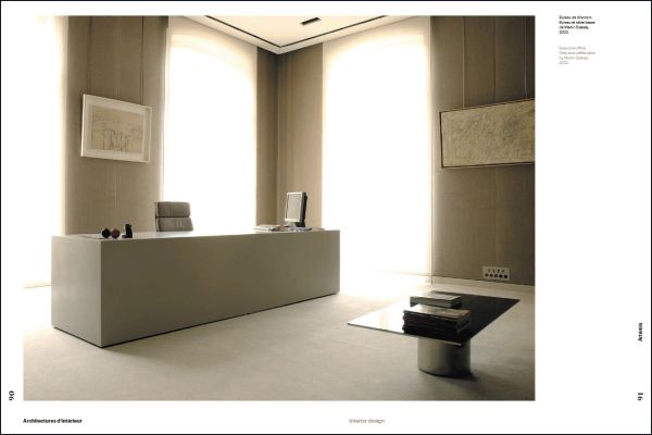 Square pattern made of vertical lines with circle behind, on brown cover of 'Rena Dumas, An Interior Architecture', by Editions Norma.