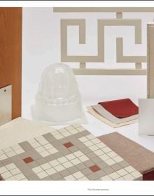 Square pattern made of vertical lines with circle behind, on brown cover of 'Rena Dumas, An Interior Architecture', by Editions Norma.