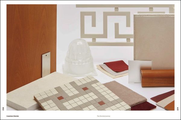 Square pattern made of vertical lines with circle behind, on brown cover of 'Rena Dumas, An Interior Architecture', by Editions Norma.