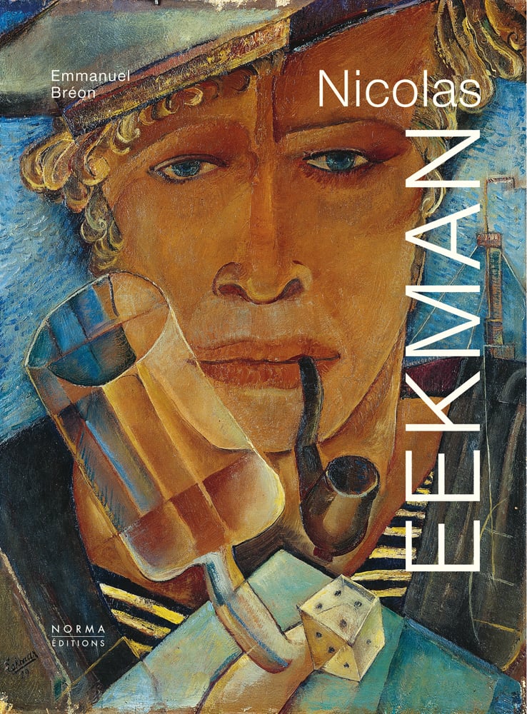 Cubist style painting of blonde haired, blue eyed man smoking pipe, dice and glass on table, on cover of 'Nicolas Eekman', by Editions Norma.