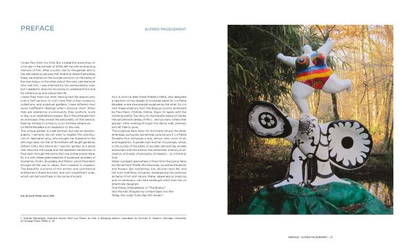 Sculpture of male figure with hand on face, surrounded by green garden foliage, on cover of 'La Petite Escalère, Garden of the Haims', by Editions Norma.