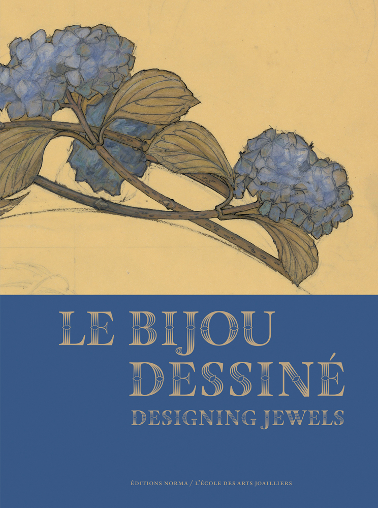 Drawing by René Lalique for a tiara entitled Hortensias, circa 1900, on cream cover, LE BIJOU DESSINÉ in gold decorative font on blue banner below.