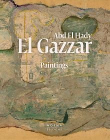 Cave-like abstract painting in grey with yellow lined shapes, on cover of 'El-Gazzar', by Editions Norma.