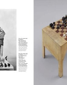 Two red chess pieces on beige cover of 'Chess Design', by Editions Norma.