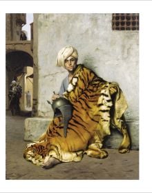 Black male dressed in pink robe, with blue mosaic tiles behind, on cover of 'Oriental Dreams', by Editions Norma.