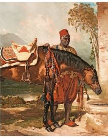 Black male dressed in pink robe, with blue mosaic tiles behind, on cover of 'Oriental Dreams', by Editions Norma.