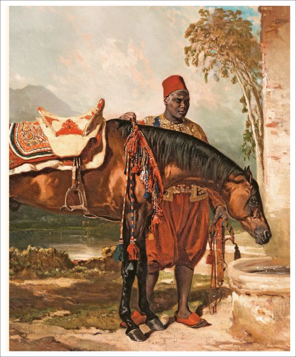 Black male dressed in pink robe, with blue mosaic tiles behind, on cover of 'Oriental Dreams', by Editions Norma.